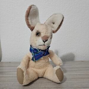 Stieff Vintage Plush Bunny Rabbit Cream Brown Blue Bow Seating Down